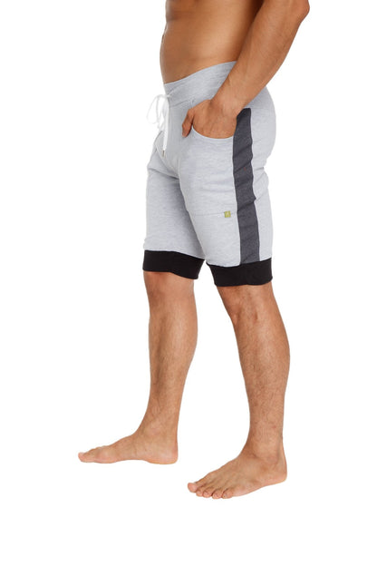 Cuffed yoga shorts in light gray with dark gray side stripe black hem and white drawstrings for athletic wear