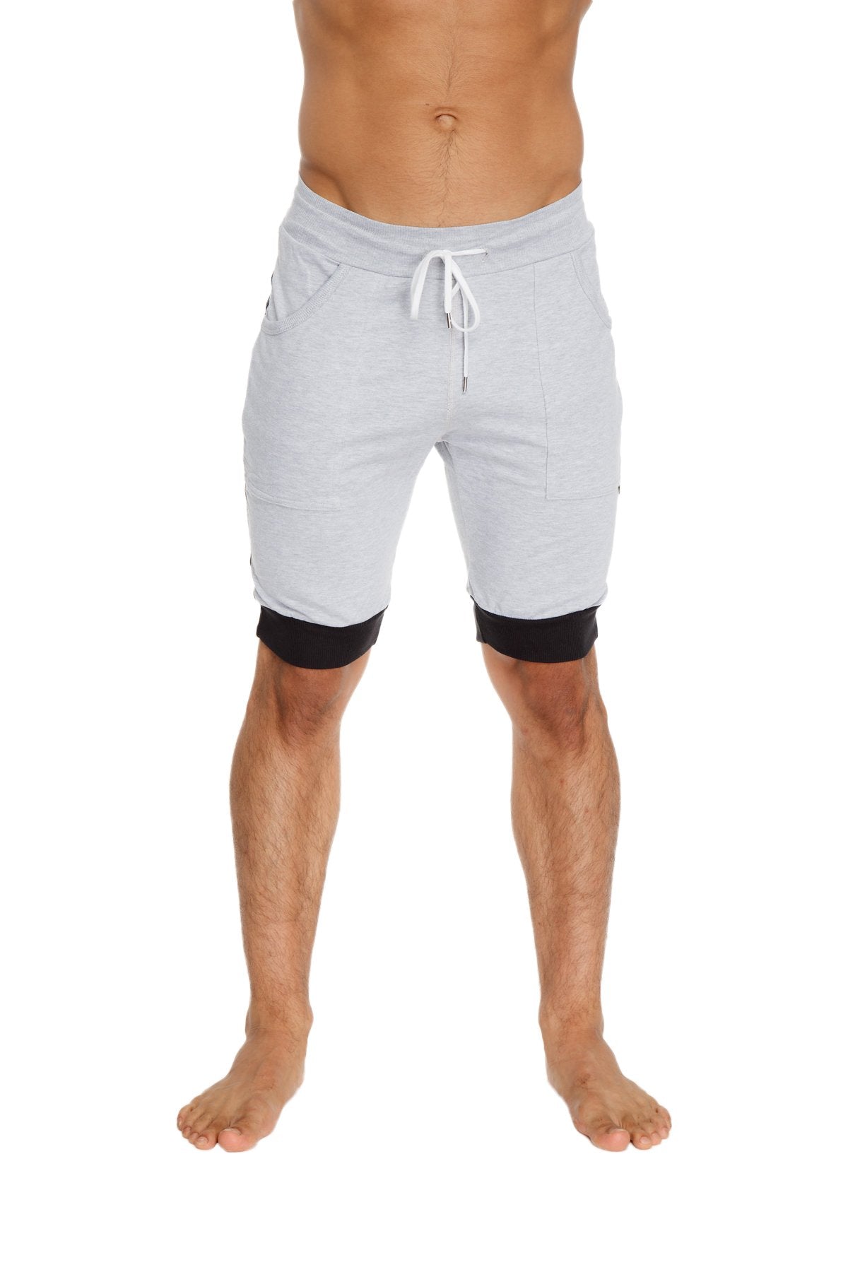 Light gray and black cuffed yoga shorts with drawstring waistband two-in-one design for comfortable workouts