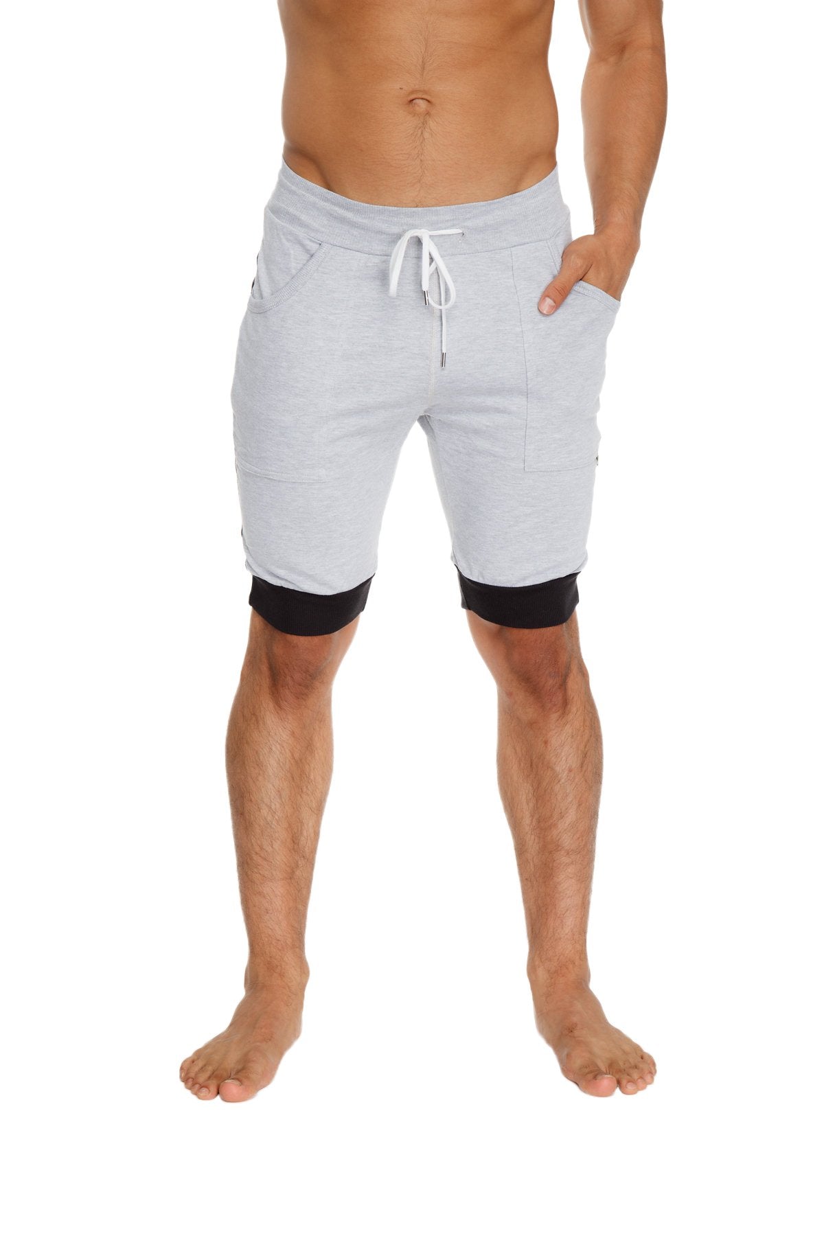 Cuffed yoga short in light gray with charcoal black trim and white drawstring waistband for athletic wear