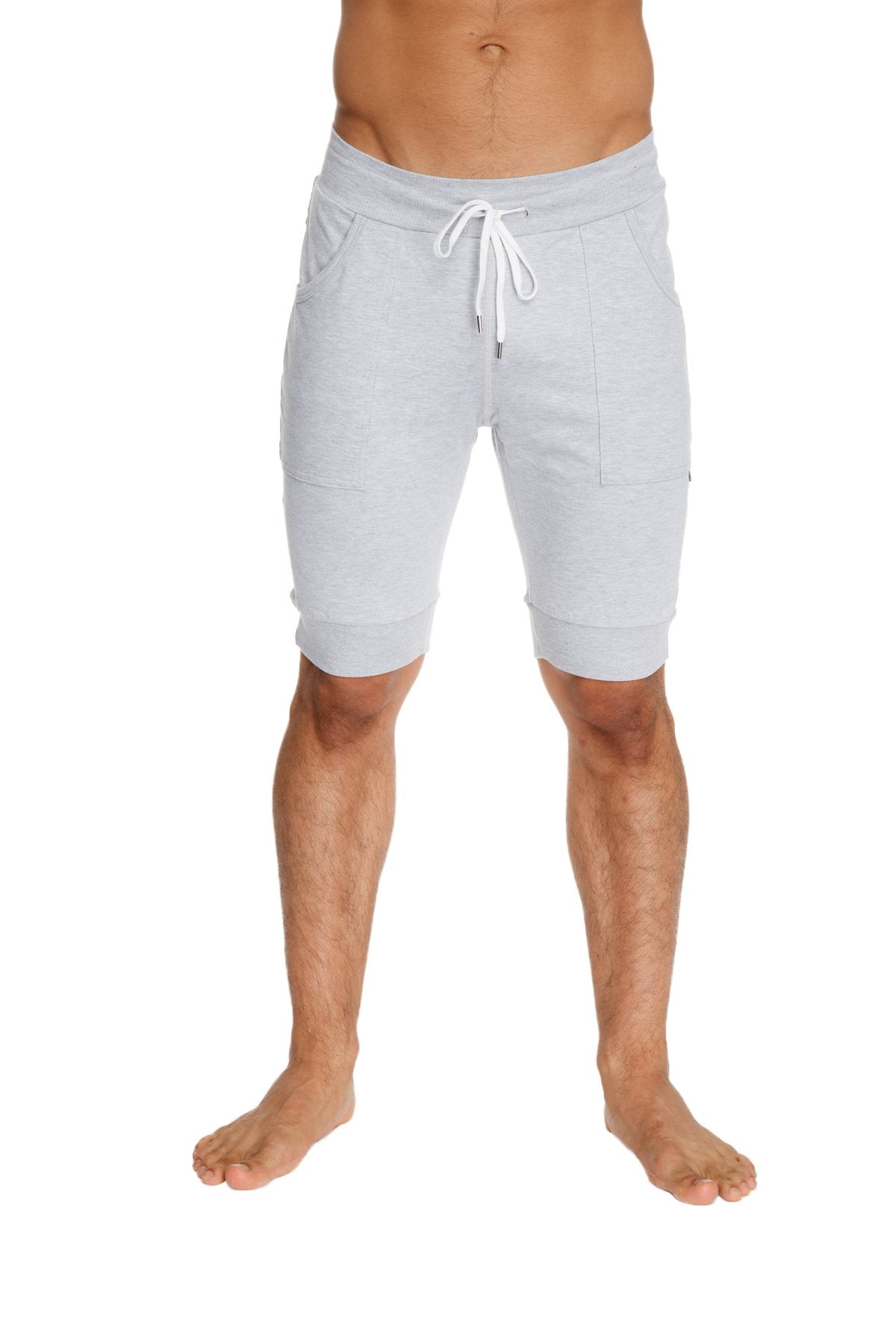 Cuffed yoga short heather grey light gray heathered cotton jogger shorts with white drawstring and side pockets