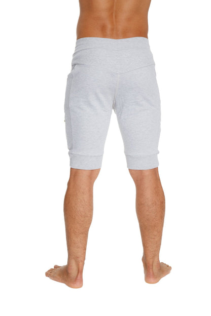 Light gray cotton cuffed yoga shorts with elastic waistband and rolled cuffs for comfortable athleisure wear