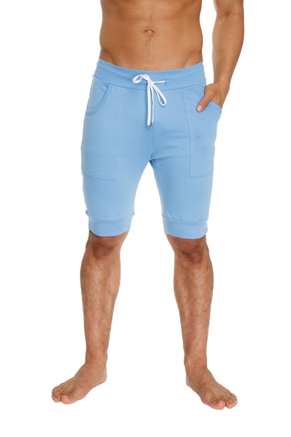 Light blue cuffed yoga shorts with white drawstring and side pockets designed for athletic and casual wear