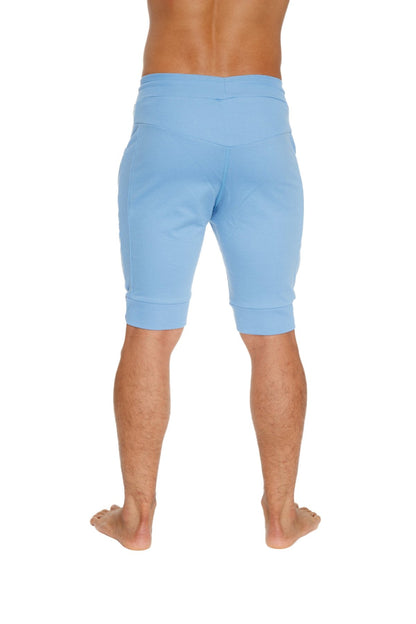 Light blue soft fabric cuffed yoga shorts with elastic waistband and rolled cuffs for comfortable wear