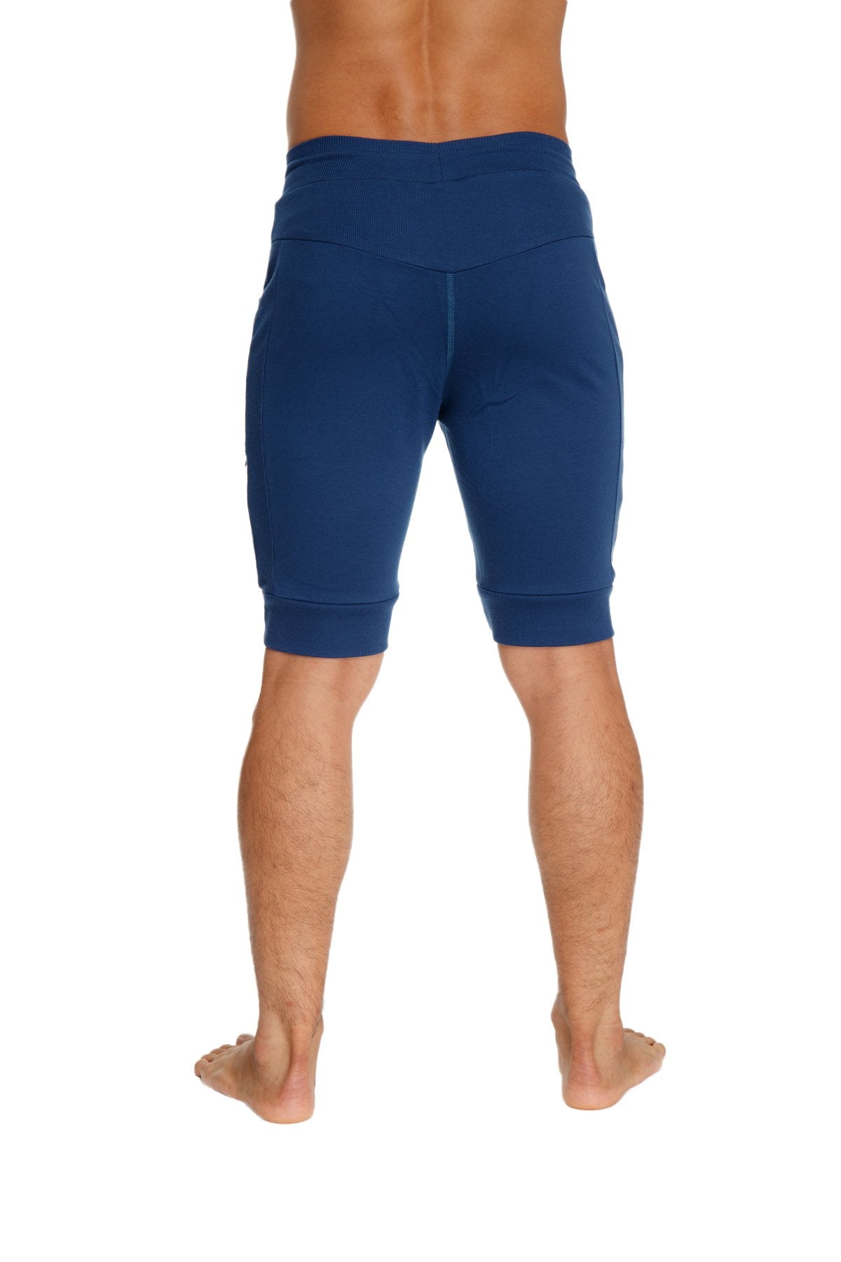 Deep blue cuffed yoga short with high waist elastic cuffs snug fit perfect for athletic wear
