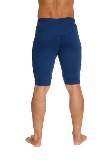 Deep blue cuffed yoga short with high waist elastic cuffs snug fit perfect for athletic wear