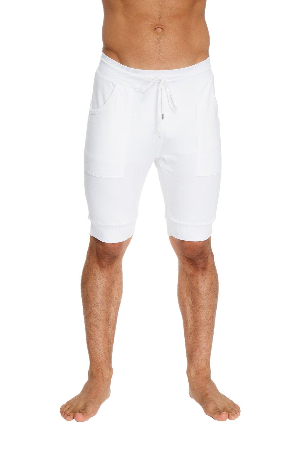 White cotton cuffed yoga short with drawstring waistband and side pockets for comfortable casual wear