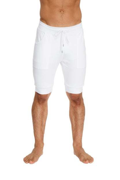 White cotton cuffed yoga short with drawstring waistband and side pockets for comfortable casual wear