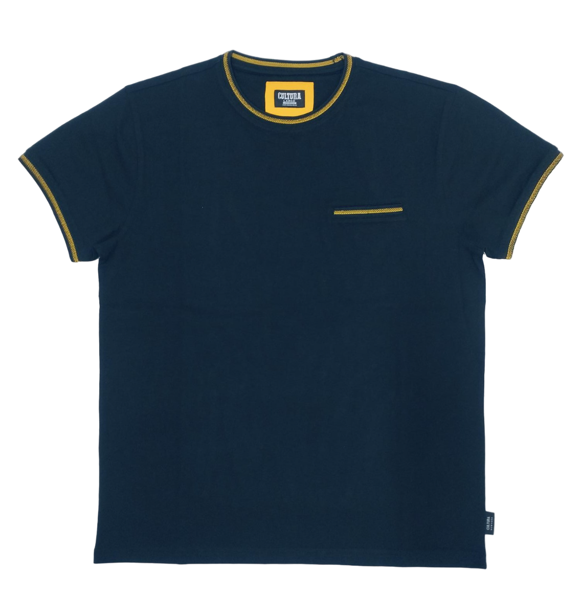 Dark blue short-sleeve t-shirt with yellow trim on the crew neck, sleeve cuffs, and single chest pocket.