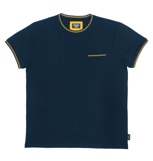 Dark blue short-sleeve t-shirt with yellow trim on the crew neck, sleeve cuffs, and single chest pocket.