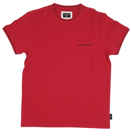 Flat lay of a red short-sleeve t-shirt with a welt pocket and dark trim on the collar and cuffs.