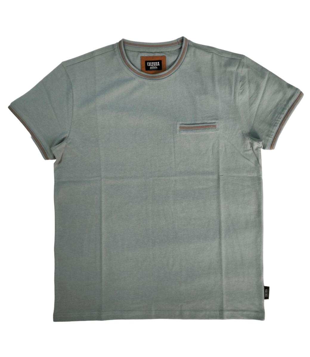 Sage green short-sleeve t-shirt with brown collar and sleeve trim, plus a small chest pocket.