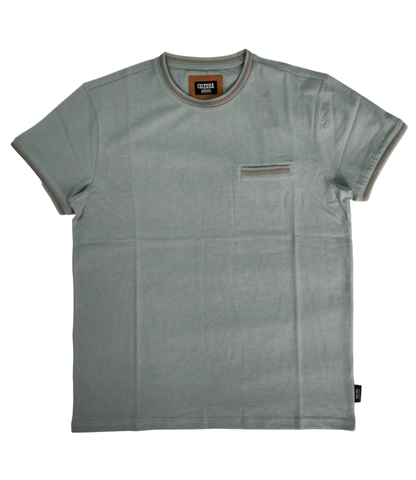 Sage green short-sleeve t-shirt with brown collar and sleeve trim, plus a small chest pocket.
