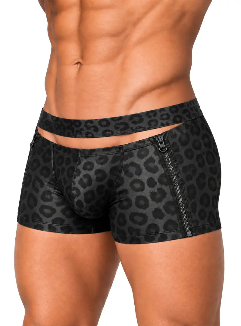 Men's black leopard print cutout zip trunk by Undergear featuring a low-rise design and zippered side details