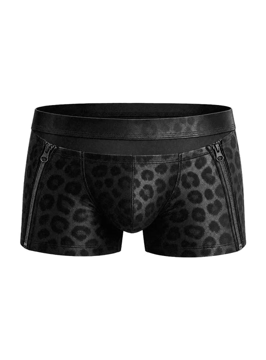 Black leopard print men's cutout zip trunk by Undergear featuring a sleek design and zippered details on the sides