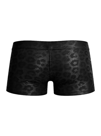 Black leopard print men's trunk by Undergear featuring a snug fit and smooth material shown from the back