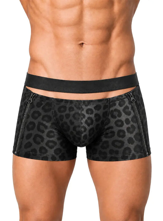 Men's black leopard print zip trunk by Undergear featuring a fitted design and contrasting waistband