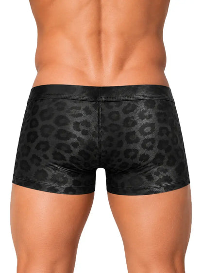 Black leopard print men's trunk by Undergear featuring a snug fit and smooth material shown from the back