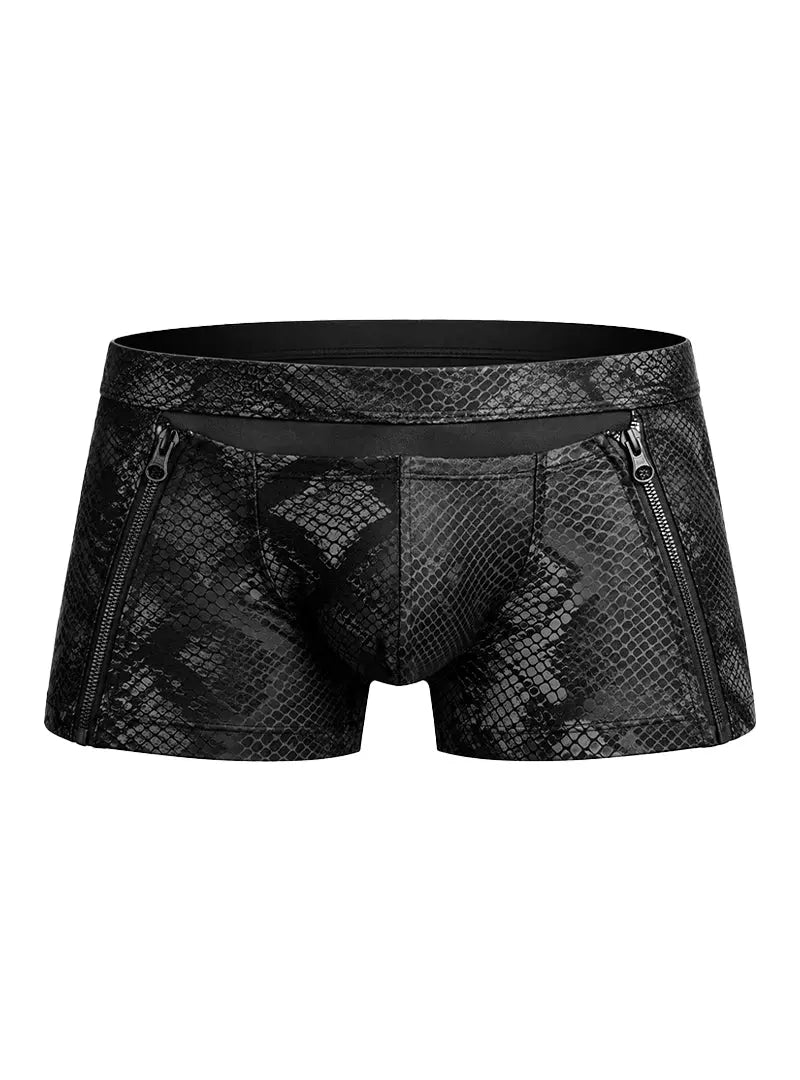 Black snake print zip trunk featuring a fitted design and dual zip pockets by Undergear