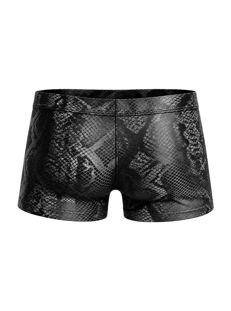 Black snake print men's cutout zip trunk made of smooth material featuring a fitted design and stylish pattern by Undergear