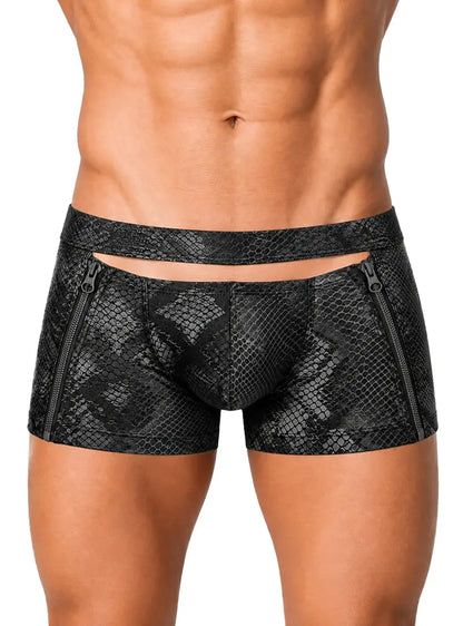 Men's black cutout zip trunk with snake print design featuring dual zippers by Undergear