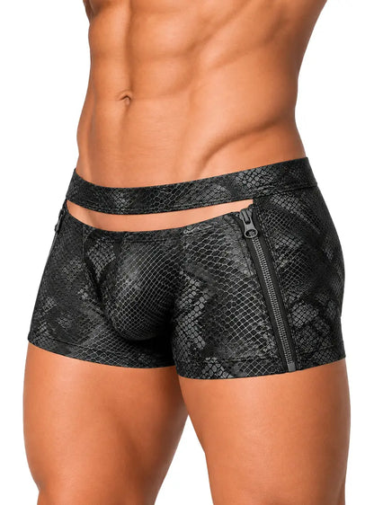 Men's black snake print zip trunk by Undergear featuring a cutout design and contrasting waistband for a stylish look