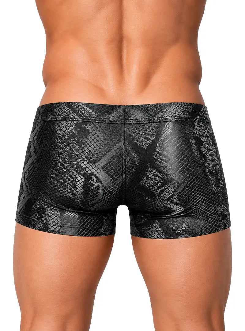 Black snake print men's zip trunk by Undergear featuring a fitted design and cutout details at the back