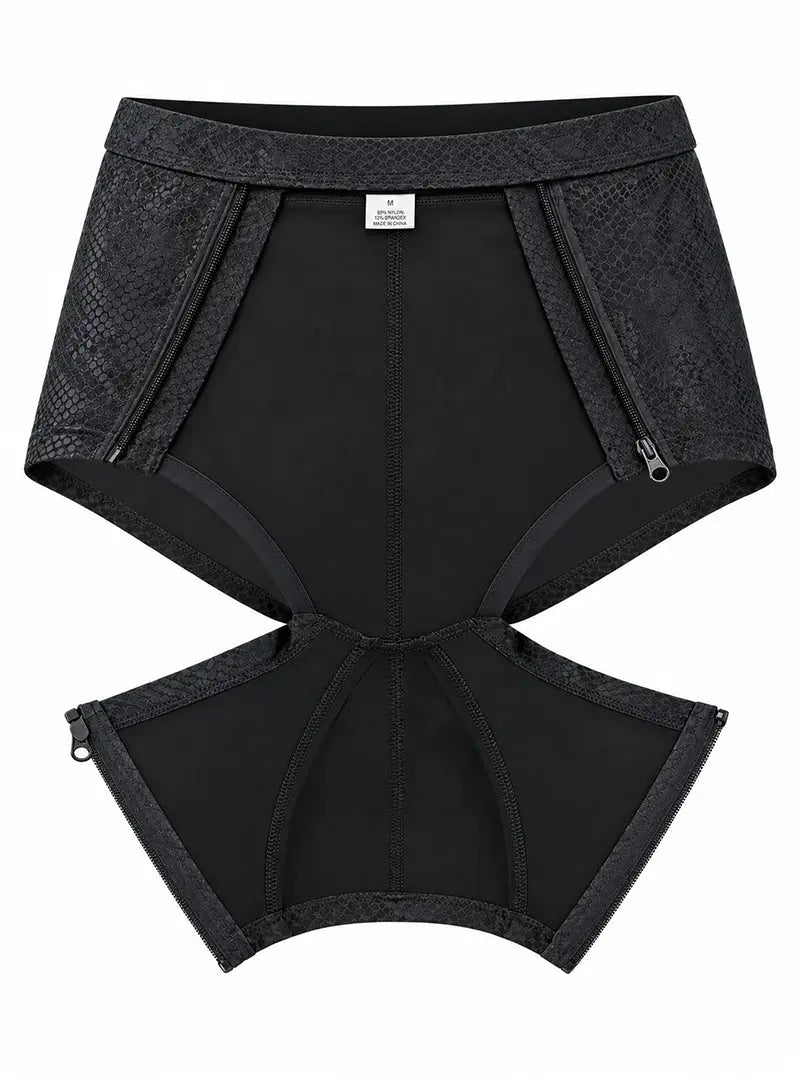 Black cutout zip trunk featuring a textured snake print design made by Undergear with zippers on the sides for adjustable fit