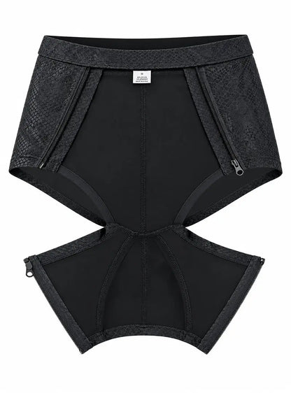 Black cutout zip trunk featuring a textured snake print design made by Undergear with zippers on the sides for adjustable fit