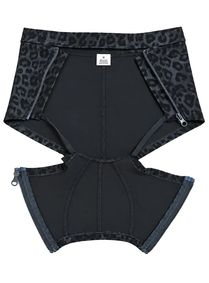 Black leopard print men's cutout zip trunk with contrasting zippers and soft material designed by Undergear