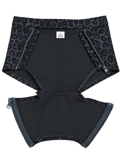 Black leopard print men's cutout zip trunk with contrasting zippers and soft material designed by Undergear