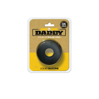 Black liquid silicone chub up bulge ring in cardboard and yellow packaging from daddy black product line