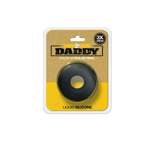 Black liquid silicone chub up bulge ring in cardboard and yellow packaging from daddy black product line
