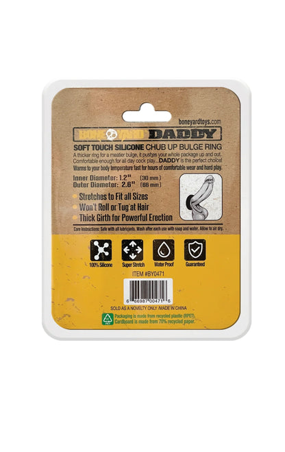 Daddy black soft touch silicone chub up bulge ring in brown and yellow package with super stretch and water resistance