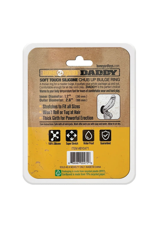Daddy black soft touch silicone chub up bulge ring in brown and yellow package with super stretch and water resistance