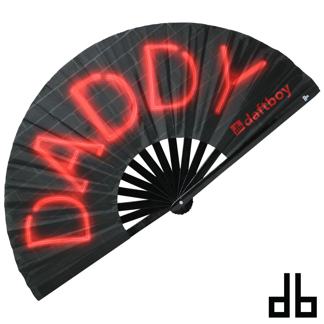 Black folding fan daft boy fan lit daddy with glowing red neon daddy lettering and red dartboy logo on edge