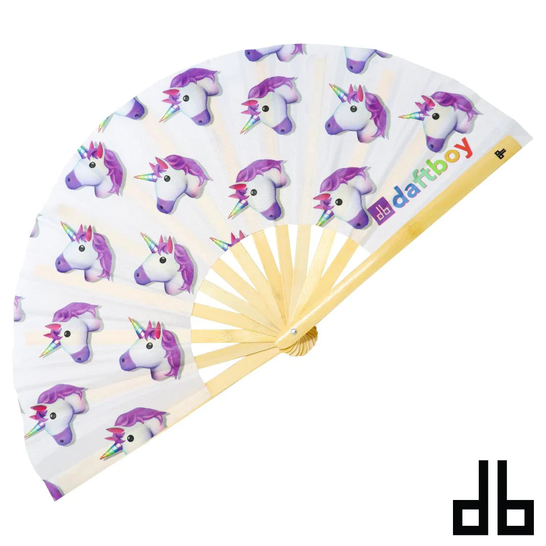 Daftboy fan unicorn emoji white folding fan with cartoon unicorns purple manes rainbow horns and yellow bamboo ribs