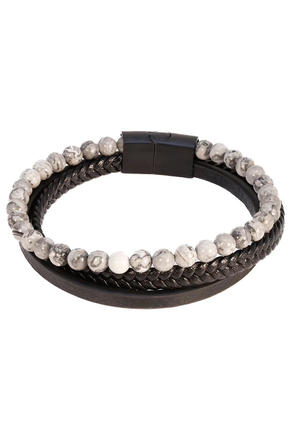 Dandyish fancy bracelet black braided leather with magnetic clasp and alternating gray marbled stone beads