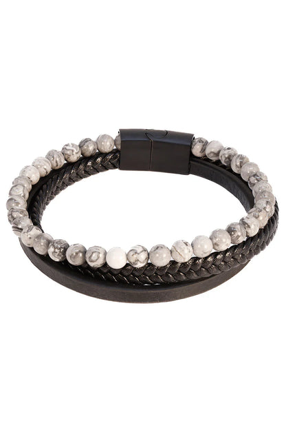 Dandyish fancy bracelet black braided leather with magnetic clasp and alternating gray marbled stone beads