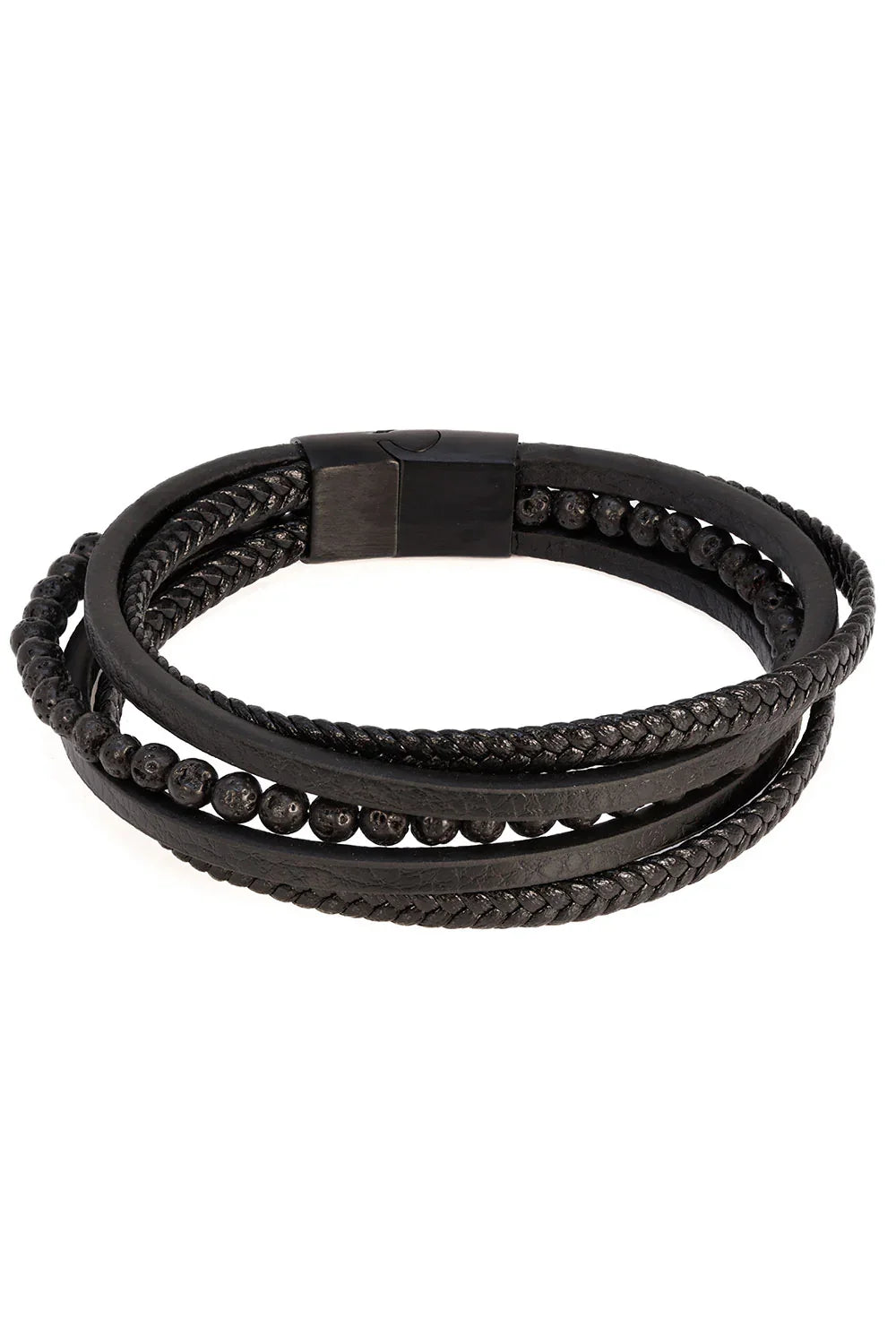 Dandyish whim bracelet black braided leather with magnetic clasp and black beaded detailing for men