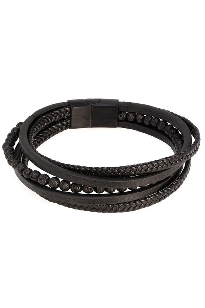 Dandyish whim bracelet black braided leather with magnetic clasp and black beaded detailing for men