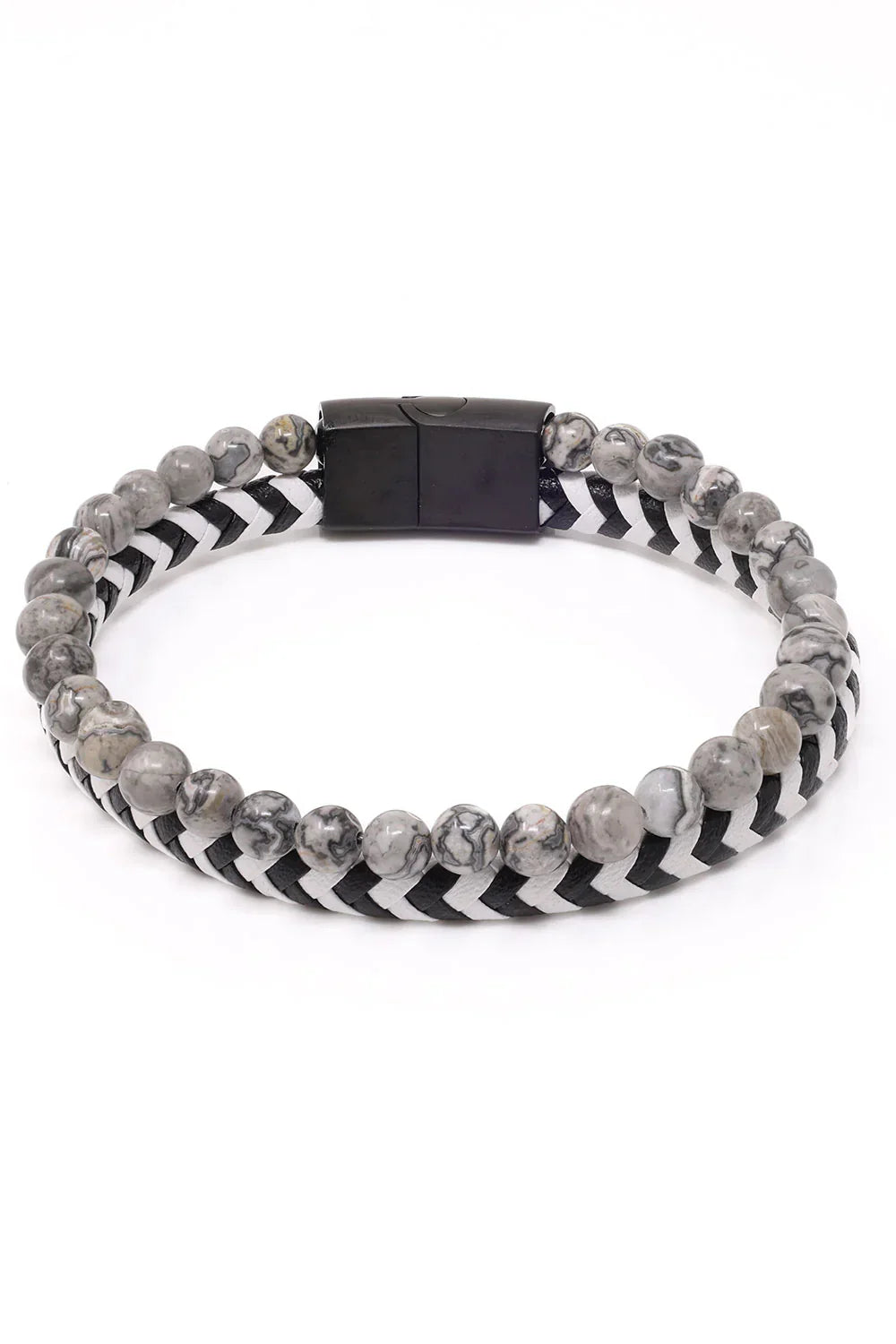 Daper fad bracelet with black and gray marbled stone beads woven with black and white chevron cord and black magnetic clasp