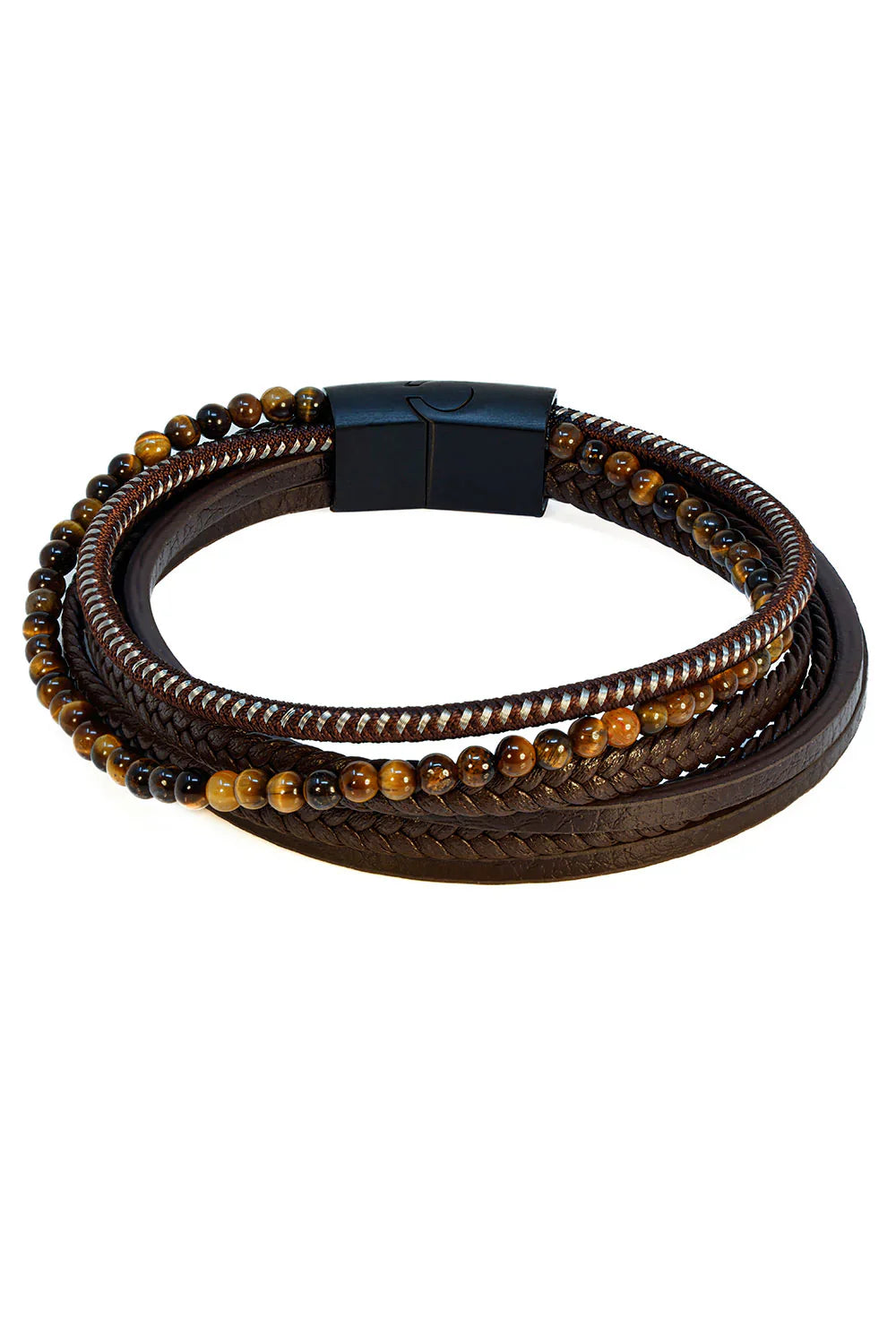 Brown leather multi-strand bracelet with tiger eye beads and black magnetic clasp dapper last word bracelet