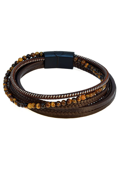 Brown leather multi-strand bracelet with tiger eye beads and black magnetic clasp dapper last word bracelet