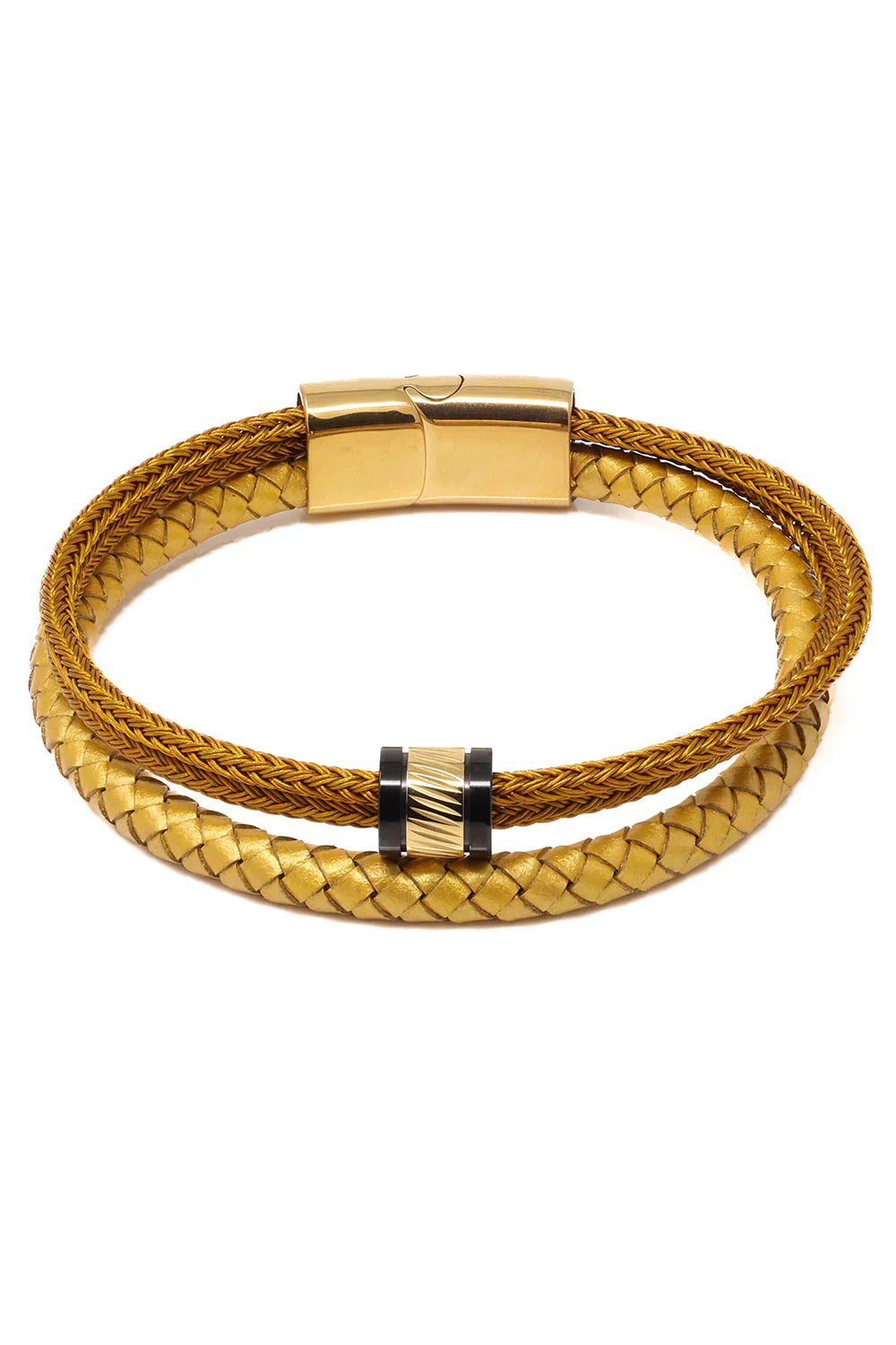 Dashing go bracelet gold-toned braided leather with a sleek magnetic clasp and textured accent bead
