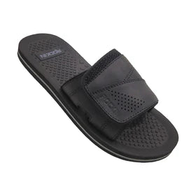 Black defender slide slip-on sandal with wide velcro strap and perforated footbed for casual comfort