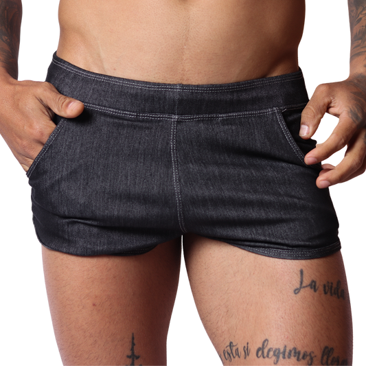 Front view of Gigo black denim hot shorts featuring white contrast stitching and side pockets.