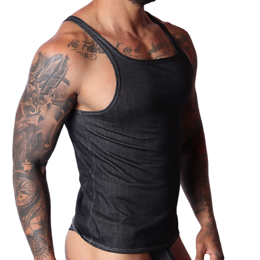 Gigo black denim tank top, side view, showing textured fabric and fitted silhouette on a tattooed male model.