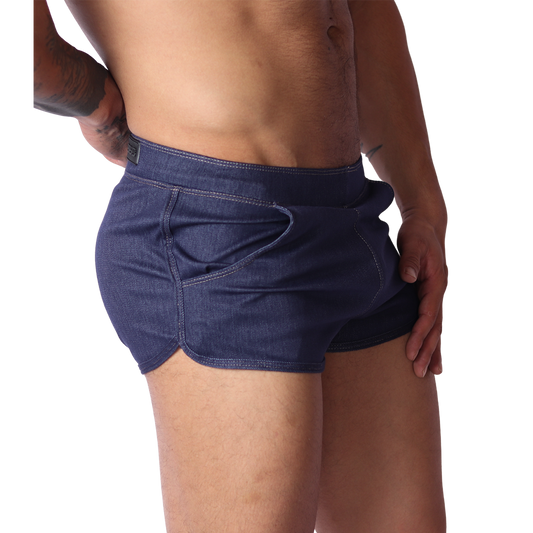 Side view of Gigo denim blue fabric hotshort underwear with contrast stitching and pocket details.