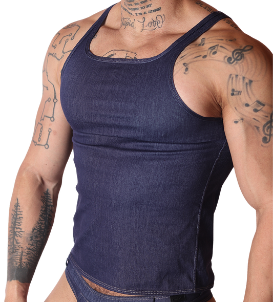 Front view of Gigo men's denim blue tank top in stretch fabric with fitted silhouette and contrast stitching.