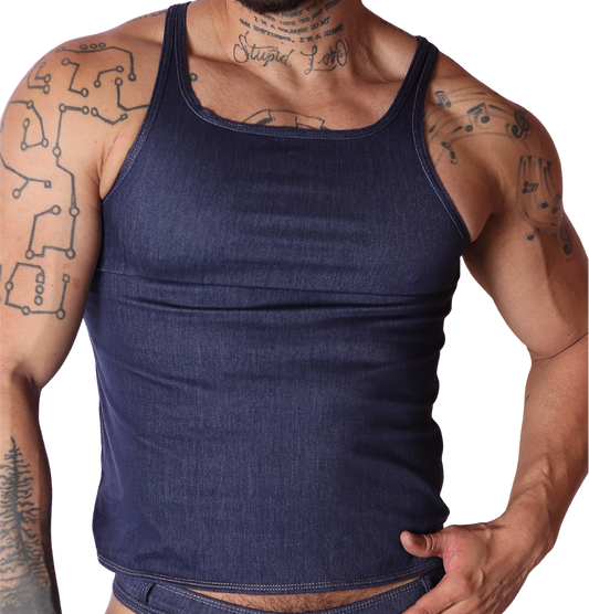 Front view of Gigo men's denim blue tank top in soft, fitted fabric, showing a classic scoop neck and stitched hem.